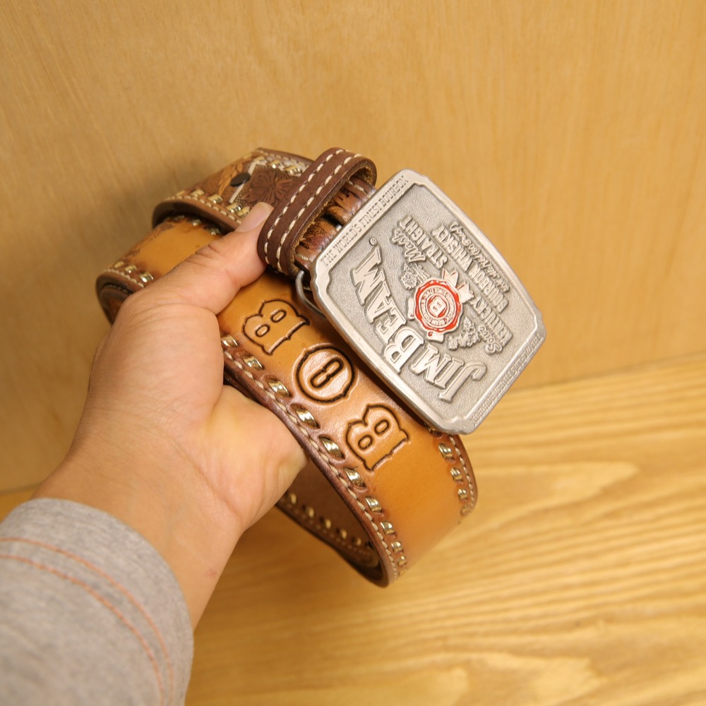 Vtg Western Jim Beam Bourbon Whiskey Buckle Full Grain Leather Western Belt 40